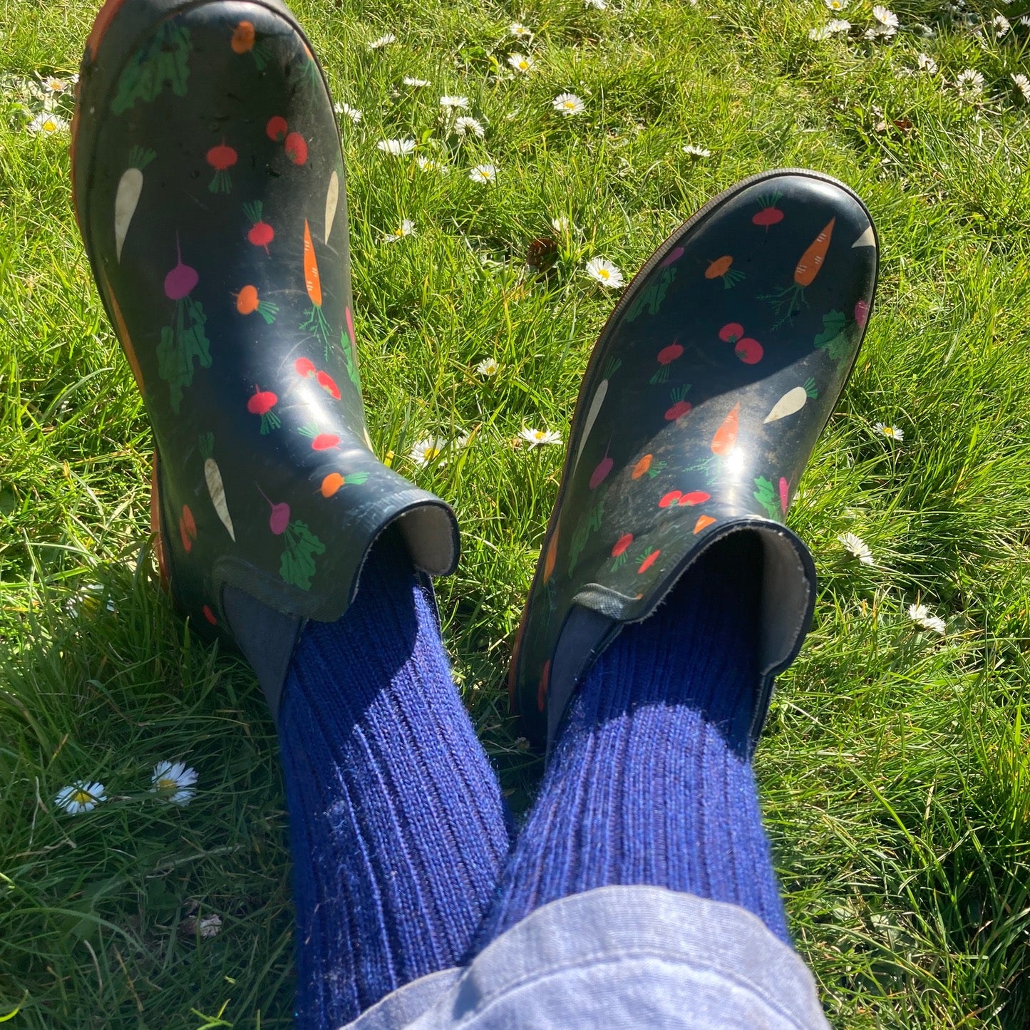 Oxford blue Yorkshire short-style Capricorn Mohair Socks worn with colourful gardening clogs – breathable, durable socks for outdoor work and leisure