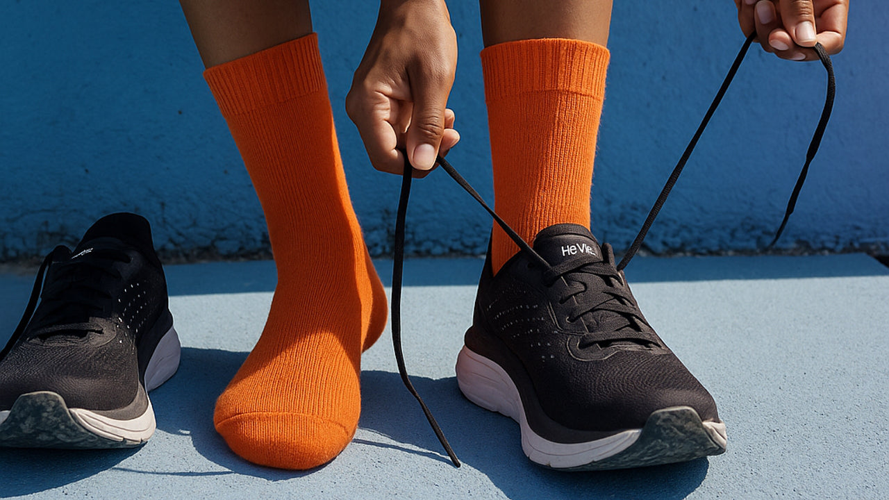 Runner tying shoes while wearing bright orange Ayrshire Mohair jogging socks for comfort and blister prevention