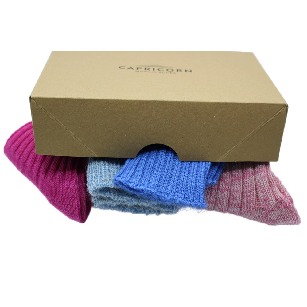 Box of UK-made socks for lounging around the house, sitting by the fire