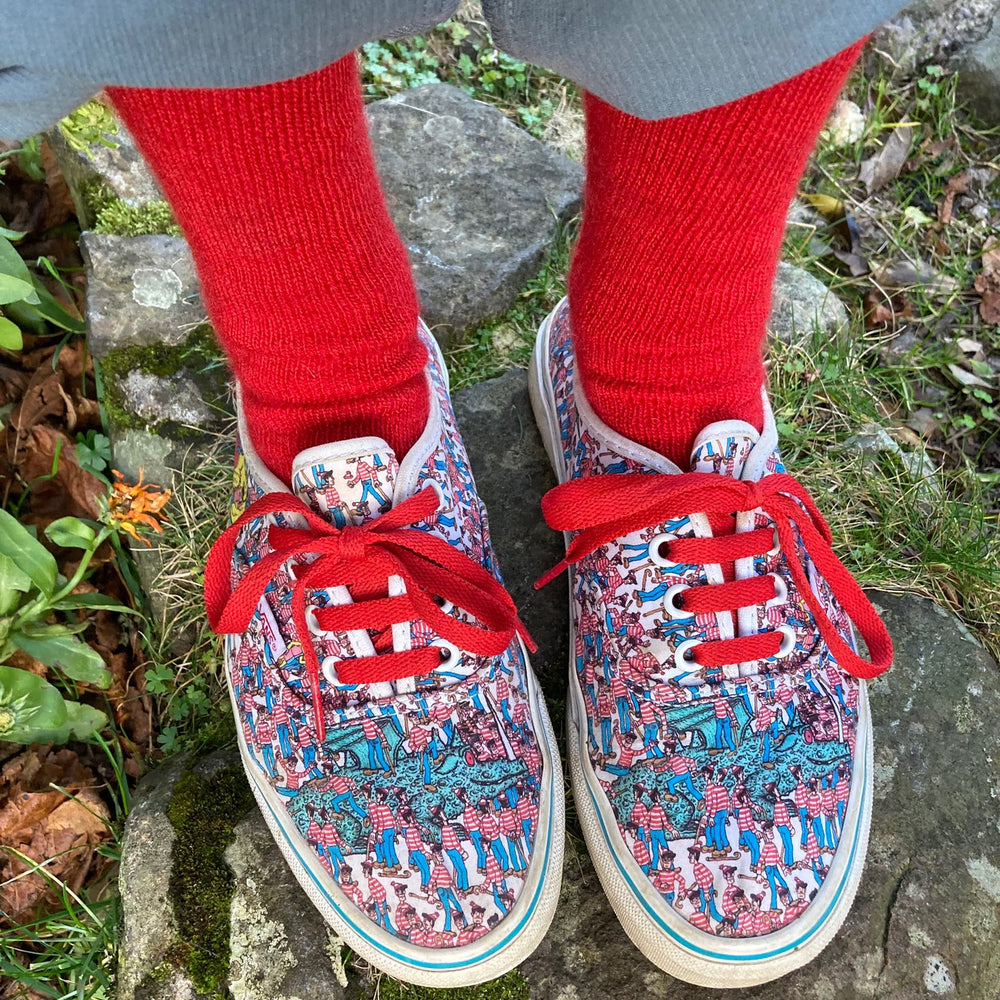 
                      
                        Close-up of red Capricorn Mohair Socks in walking shoes on stone path – ideal for outdoor comfort and warmth
                      
                    